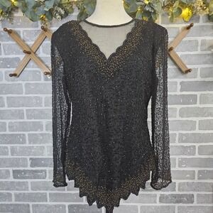 Vintage Stenay Black Beaded Silk Evening Top Sheer Sleeves Scalloped Hem Medium